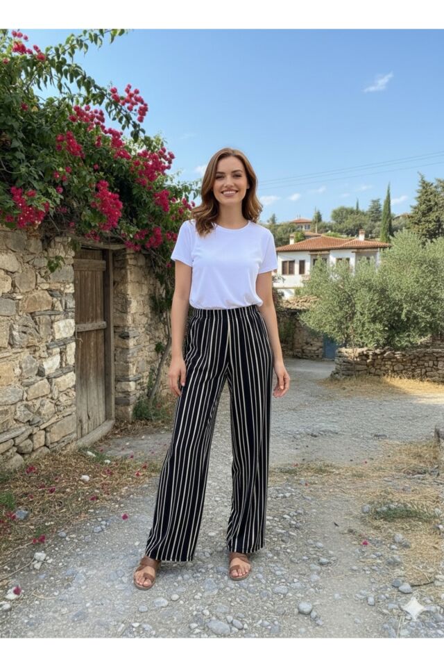 Bol Paça Çizgili Pantolon - Siyah